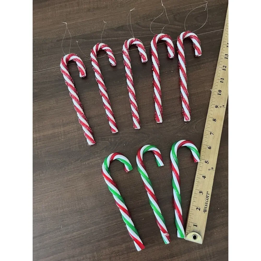 Vintage 8 Christmas Twisted Candy Canes Red White & Green Plastic Sturdy Sugared